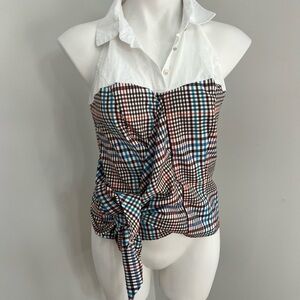 New York & Company Brown and White Button Down Blouse